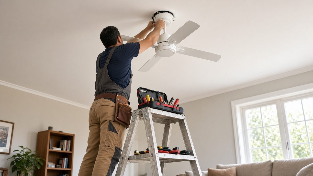 Handyman on a ladder installing a ceiling fan