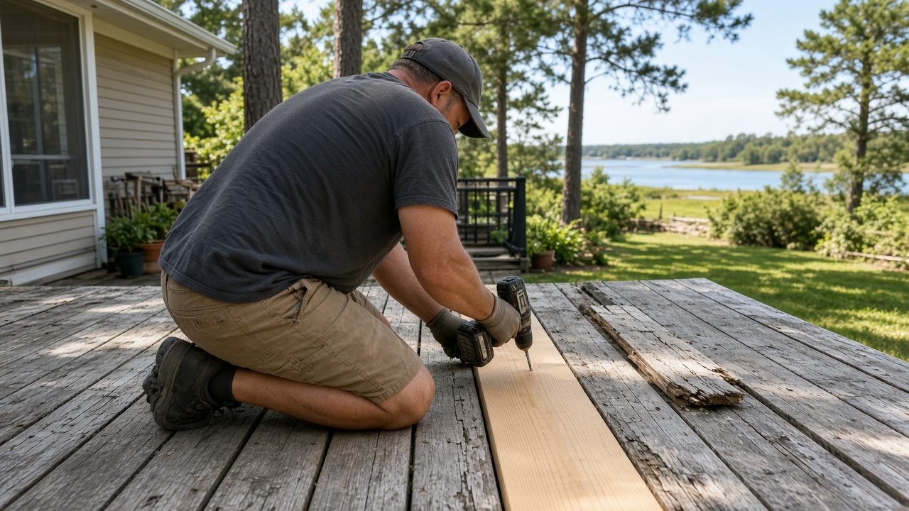 Worker replacing a deck board with a drill