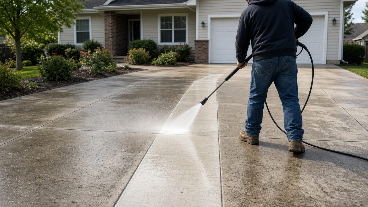 Pressure washing a concrete driveway